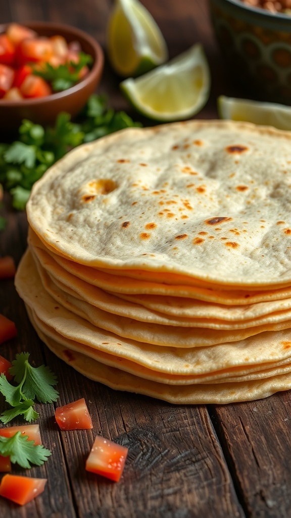 Homemade Corn Tortillas Recipe Freshly made corn tortillas stacked on a wooden table with ingredients for tacos.